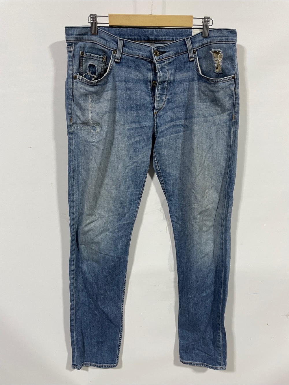 rag & bone Men's Light Blue Slim Straight Jeans with Distressed Detailing